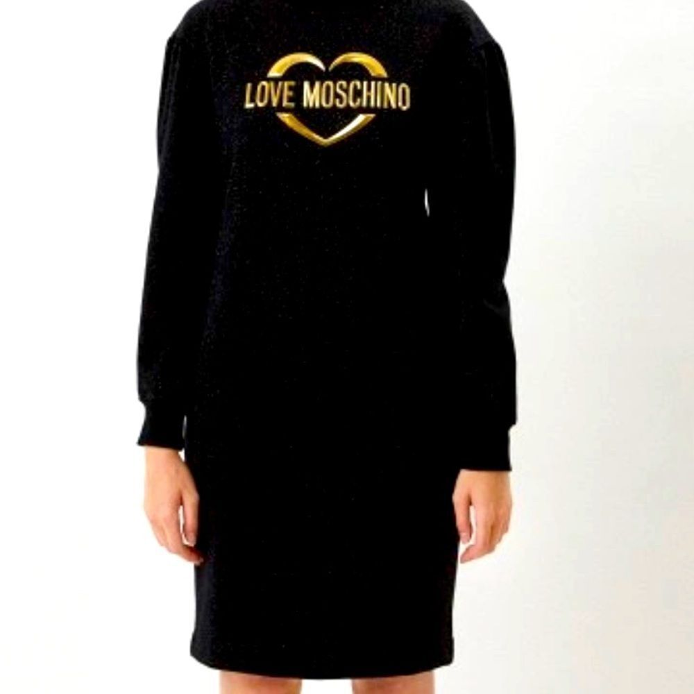 Love Moschino Women's Black Logo Glitter Puff Sleeve Mini Dress Size 38